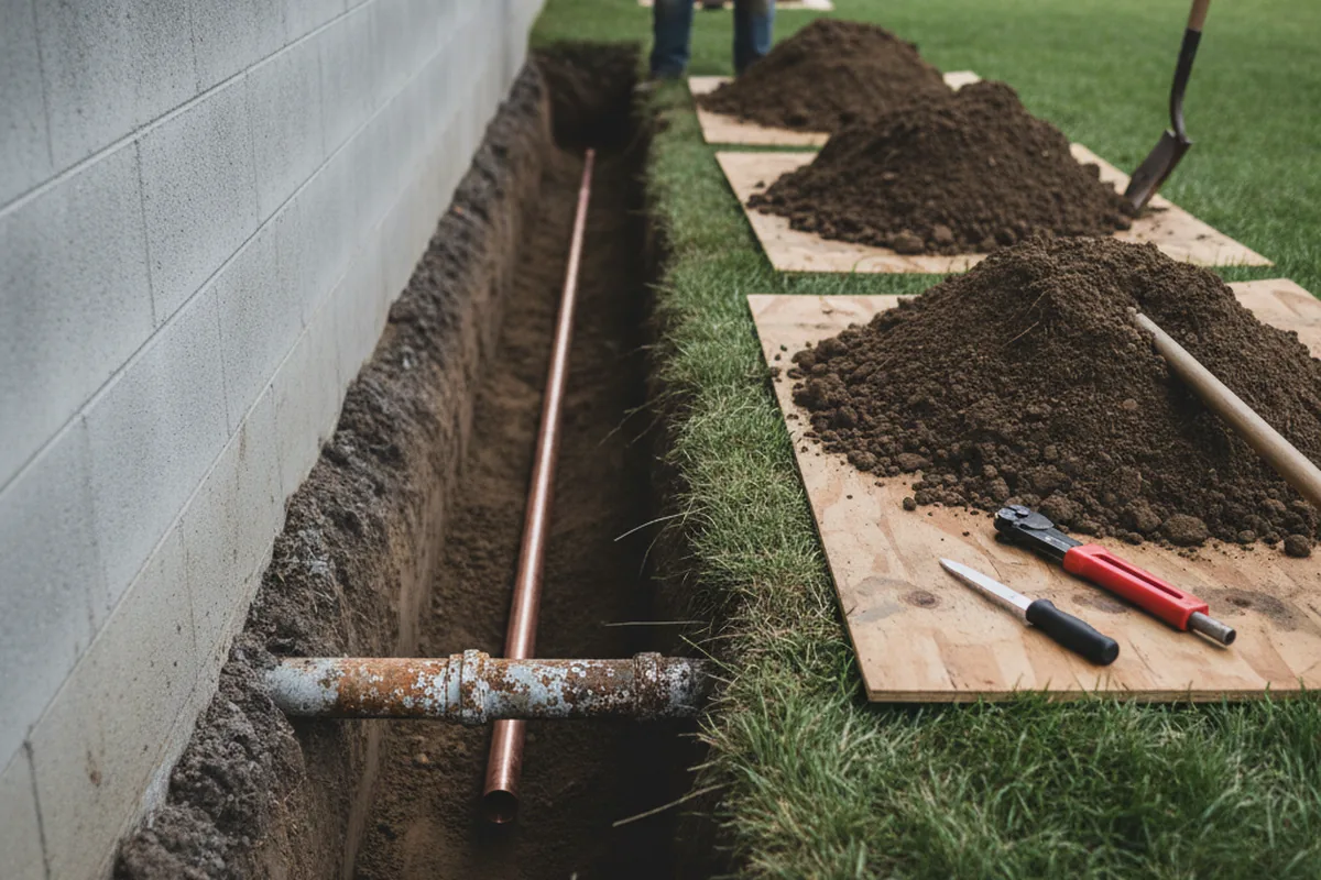 Excavated water line trench during Water Heater Repair in Rhododendron